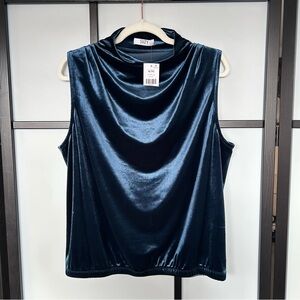 [XL] NWT Suzy Shier Midnight Blue Velour Velvet Sleeveless Blouse Mock Neck Top